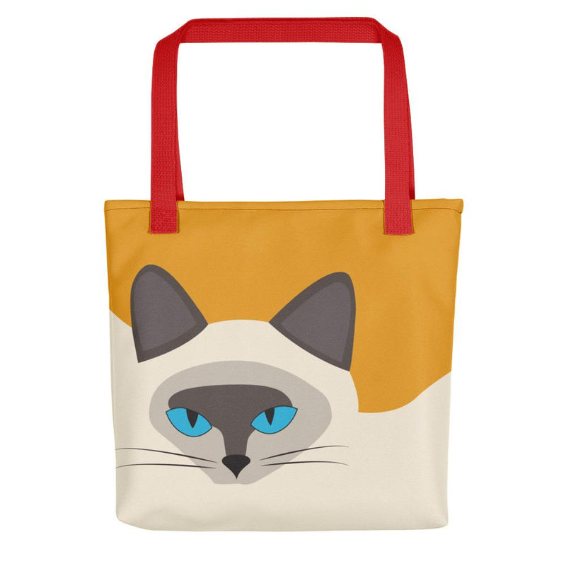 Inscrutable Cat 'Siamese Cat Gold' Tote bag in Red Handle Front