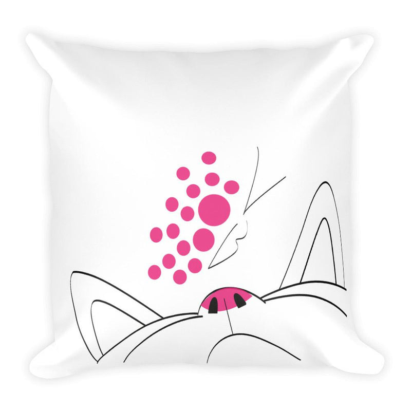 Minimalist Cat 'Pink Butterfly' Square Pillow