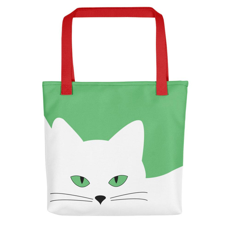 Inscrutable Cat Juicy Fruity Kiwi Tote bag Front View in Red Handle