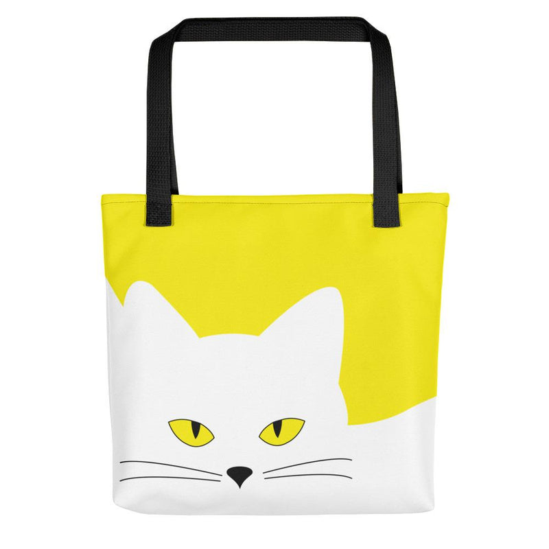 Inscrutable Cat Juicy Fruity Banana Tote bag Front View in Black Handle