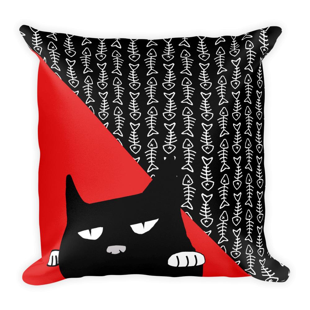 Evil Cat Fishbone Red Square Pillow in Front View Pattern