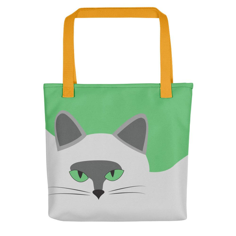 Inscrutable Cat Smoky Cat Yellow Tote bag in Black Handle Front View