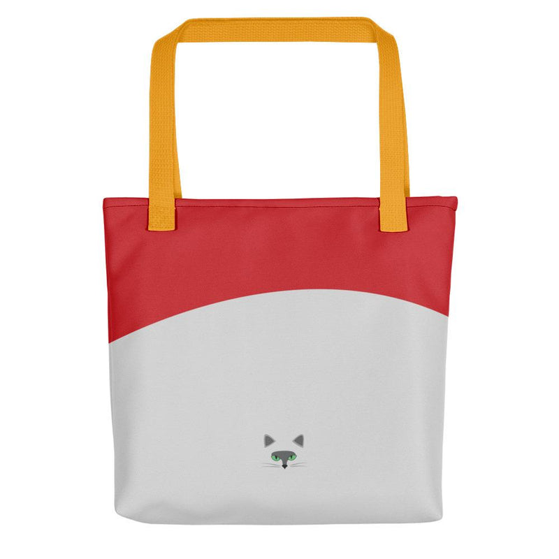 Inscrutable Cat Smoky Cat Red Tote bag in Yellow Handle Back View