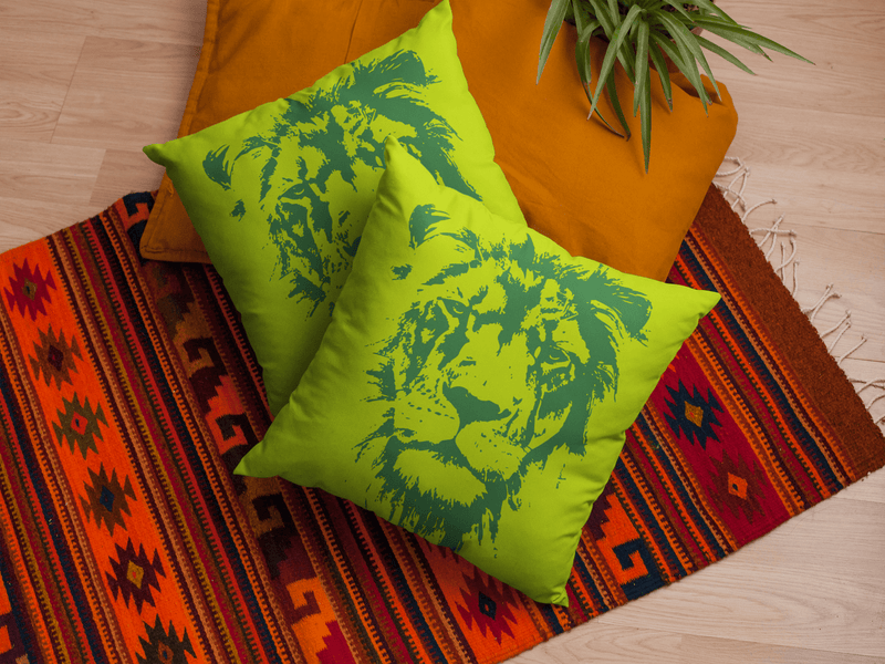 Wild Cat 'Lion' Lush Green Square Pillow